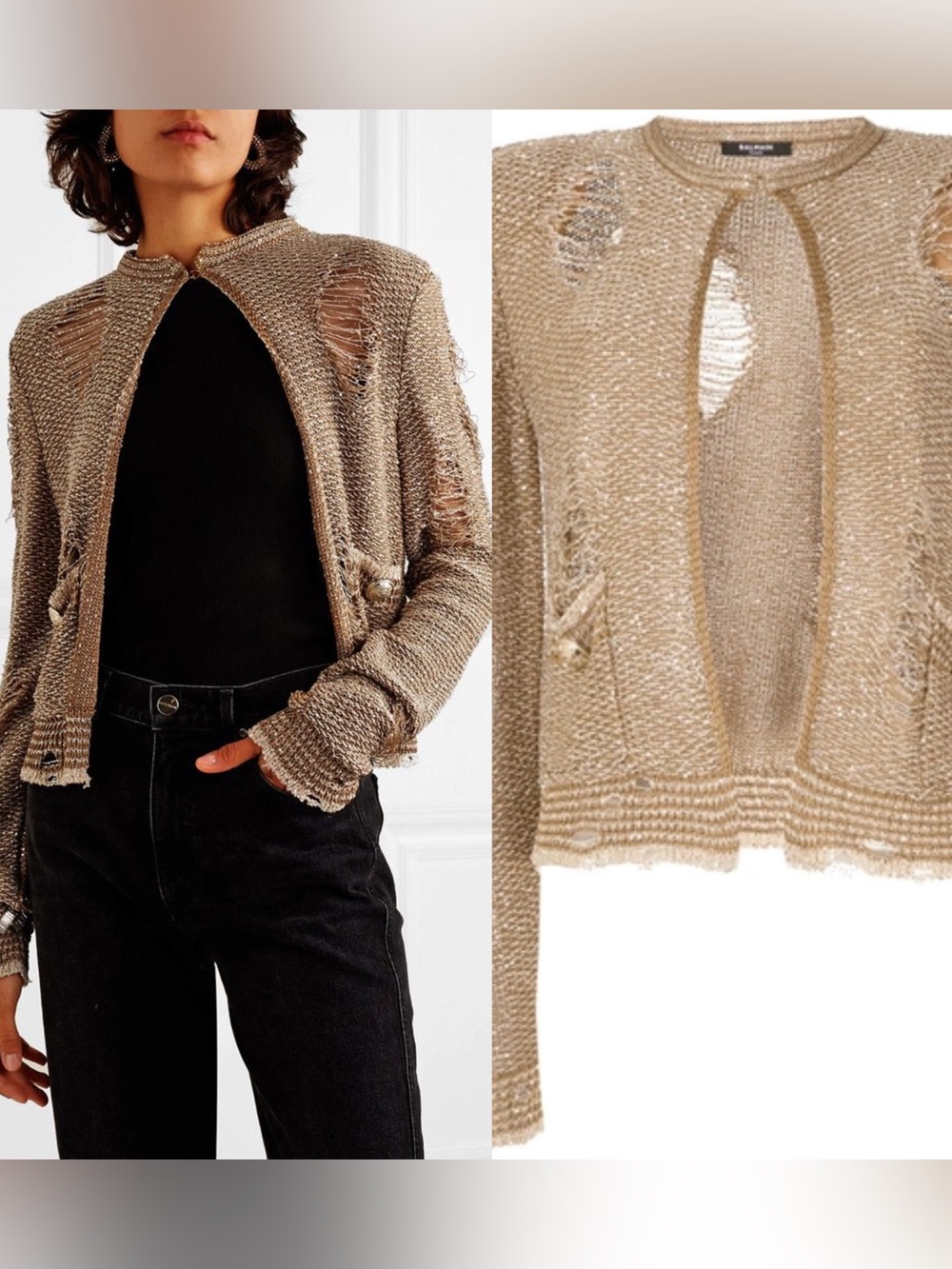 Balmain Ripped Sequin Tweed Knit Gold Jacket Sweater Size 40
